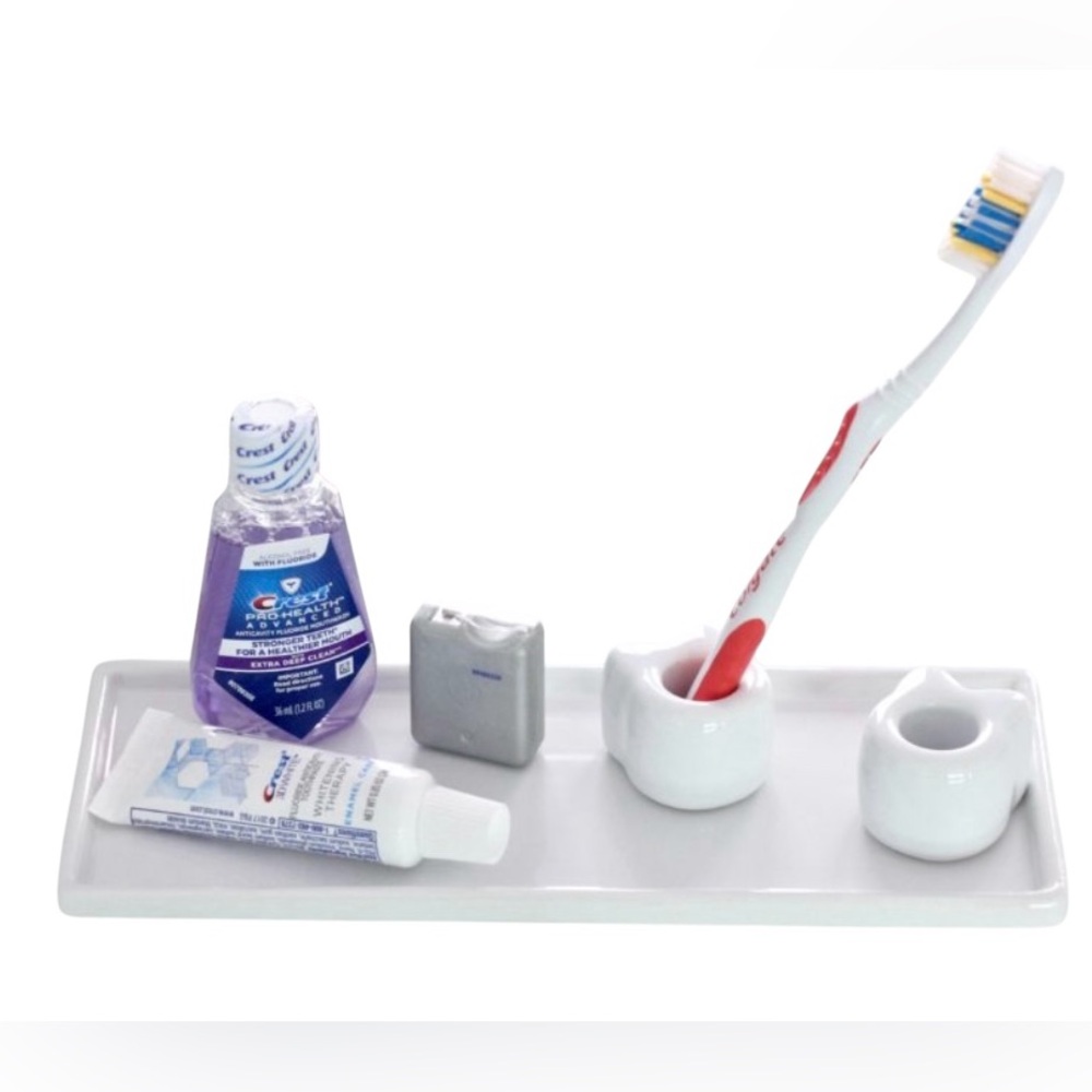 April 2019 Cat Lady Box Set 2 of White Ceramic Toothbrush Holders on Plate